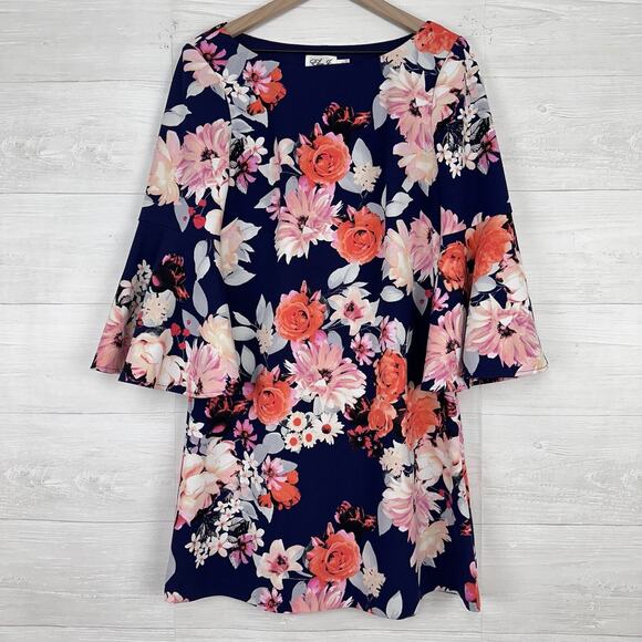 Eliza J Floral Print Shift Dress 12 Navy Blue Pink Bell Sleeve Wedding Guest - Picture 15 of 15
